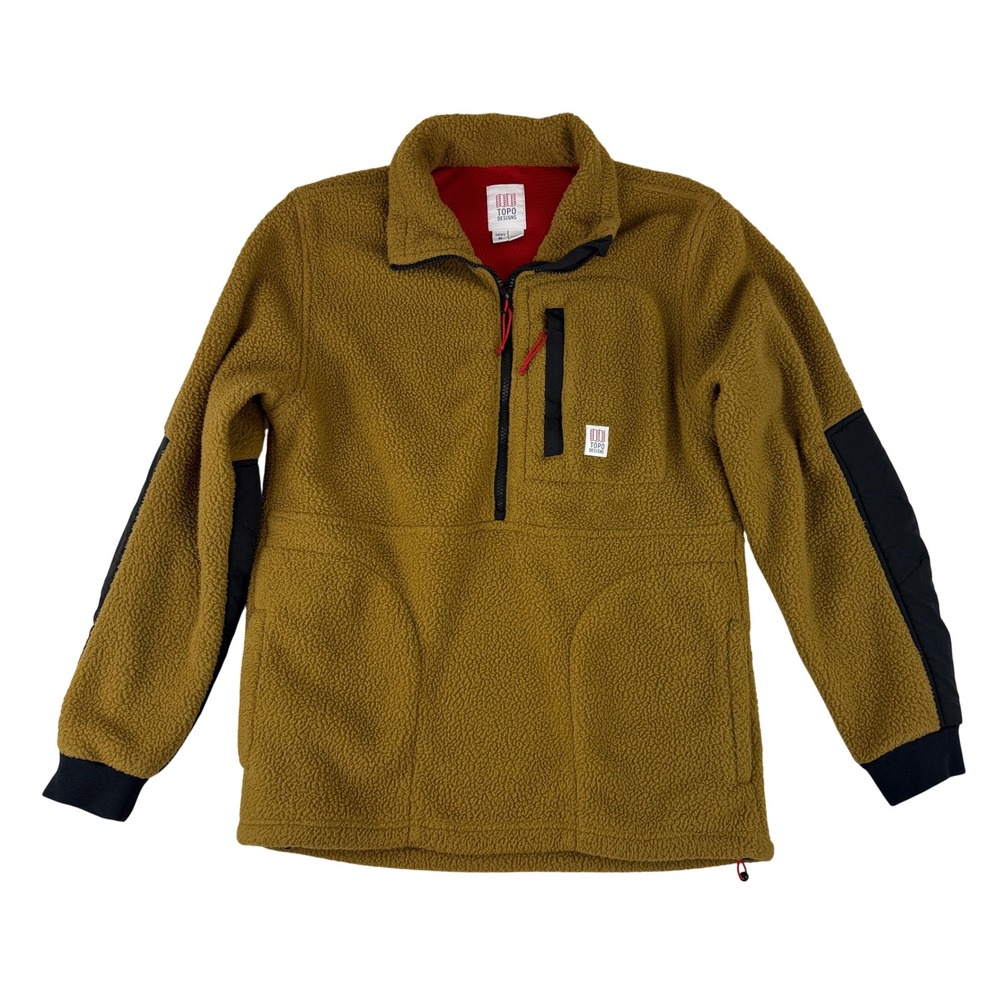 Topo Designs Subalpine Fleece Pullover Mens S Brown Khaki Quarter Zip Sherpa